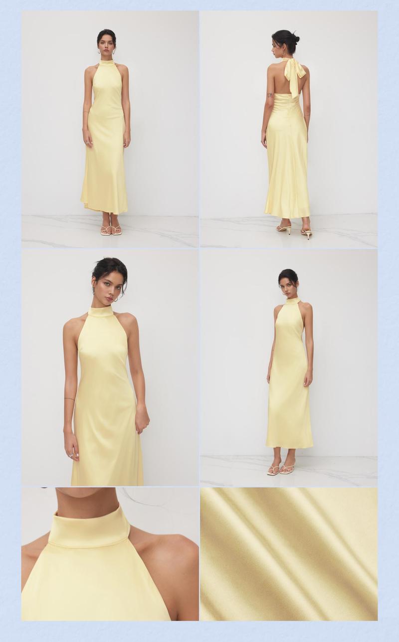 Cider Satin Halter Neckline Backless Maxi Dress