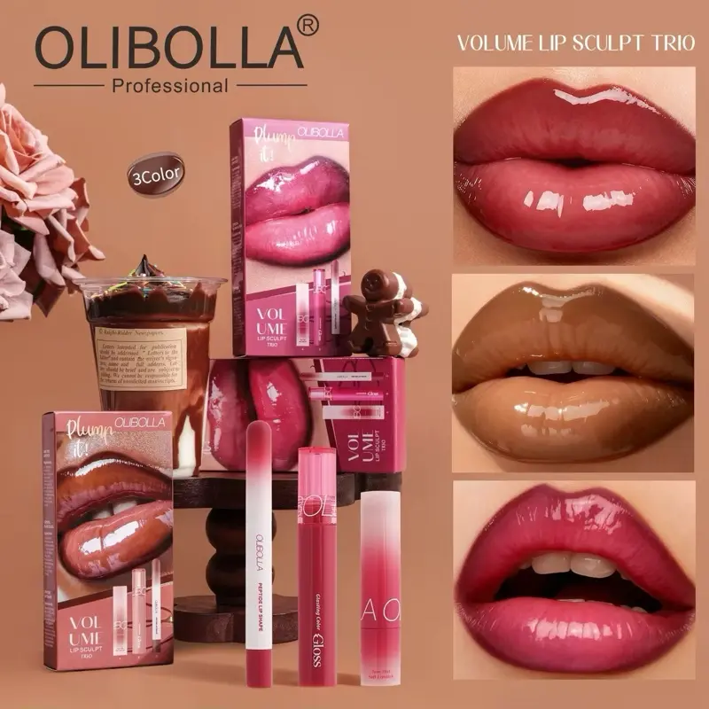 OLIBOLLA Volume Lip Sculpt Trio Set Lip Liner Lipstick Lip Glaze 3-in-1 Easy Color Gift Box for Flawless Glossy Lips Makeup Lipgloss Cosmetic