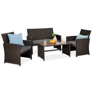 Best Choice Products 4-Piece Outdoor Wicker Patio Conversation Furniture Set w/ Table, Cushions