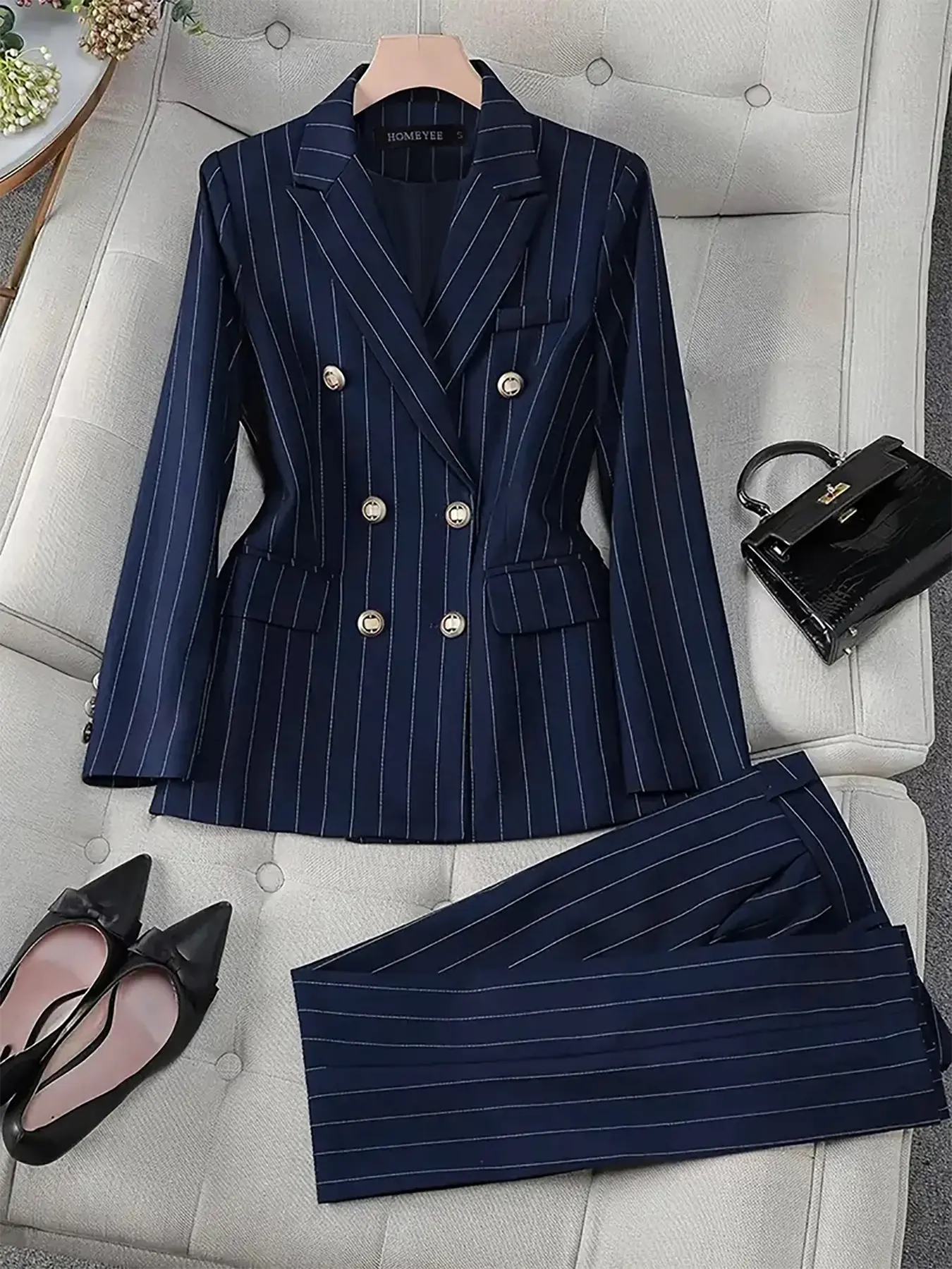 Elegant Striped Women's Business Suit Set, Two-Button Commuter Style, Long Sleeve, Long Pants, Fashionable Classic Office Wear, Ladies' Career