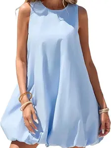 YEXPINE Women's Bubble Mini Dress Sleeveless Crewneck Keyhole Tie Back Tank Sundress with Pockets