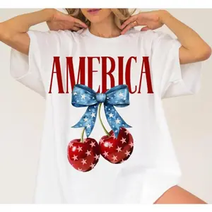 Fourth of July Patriotic Tee with American Flag and Cherry Bow Design