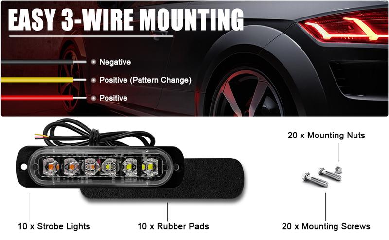 DIBMS Dual Color LED Emergency Strobe Lights, 8X Amber White 6 LED Warning Caution Hazard Light Bar for Car Truck Van Off Road Vehicle ATV SUV Surface Mount amber  car  lights