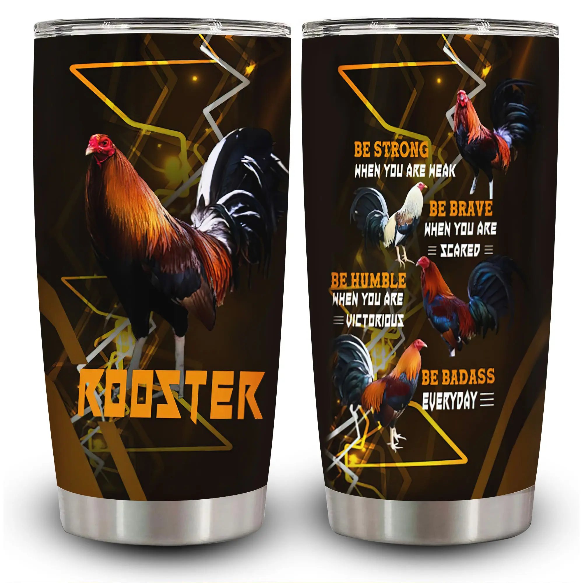 20oz Anti-Scalding Insulated Stainless Steel Flask Mug with Lid - Watercolour Rooster Design, Motivational "Be Badass" Farmer Dad Gift, Flasks