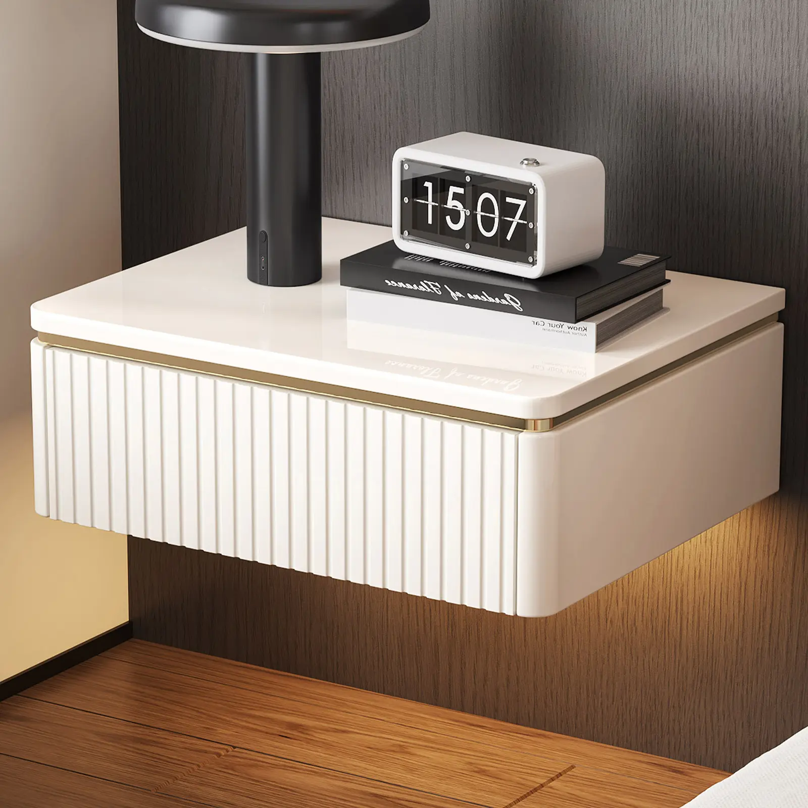Guyii Cream White Minimalist Floating Nightstand with LED Light - Modern Wall-Mounted Bedroom Bedside Table, Spacious Storage Drawer, Adjustable Height, Durable Surface, Easy Installation, Ideal for Small Bedrooms Home Decor, Floating Shelf, Wall Mount, C