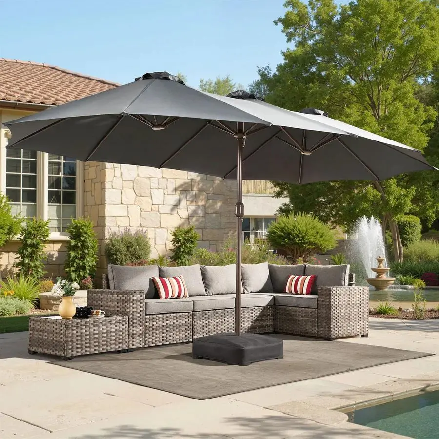 functionality of oversized patio umbrella GRAND 10x13 ft Patio with Base, Acrylic Outdoor Cantilever Aluminum Umbrella, 5-Year-Non-Fading Rectangular Offset Umbrella with Cover Made of durable 100% polyester fabric Ainfox 13Ft Large Outdoor Patio