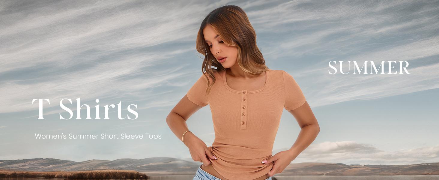PettyGarden Women's 2025 Summer Short Sleeve Tops Ribbed Knit Henley Button Up Slim Fit Casual Blouse for Women - Knitwear, Womenswear