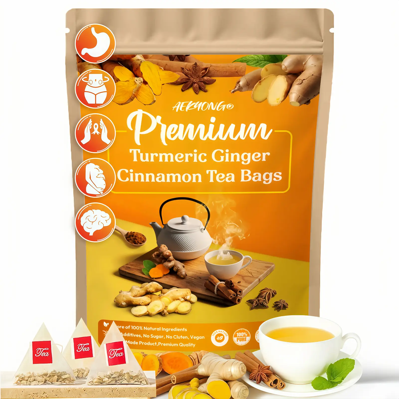 Premium Turmeric Ginger Cinnamon Tea Bags 240 Count 100% Natural Ingredients Handmade Vegan Chinese Herbal Blend No Additives Sugar Gluten Caffeine Beverage