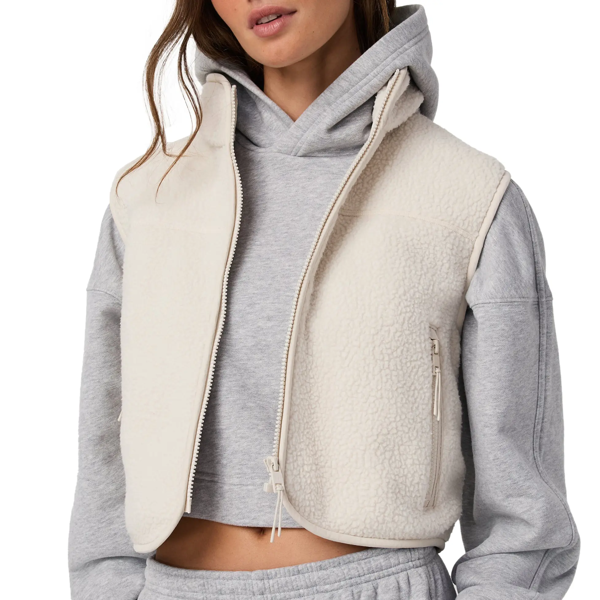 Hixiaohe Cropped Fleece Vest Women Zip Up Stand Collar Warm Sherpa Vest Fall Cute Sleeveless Fleece Waistcoat with Pocket,clothes for back to school,first day of school outfits