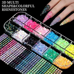 Nail Charms, Nail Rhinestones Kit with 8 Boxes of Nail Gems, 3D Charms for Nails, Colorful Clear Flatback Rhinestones, Charms Y2K for Nails, AB coating creates dazzling rainbow,Multi Shape Pearls Jewels for Crafts