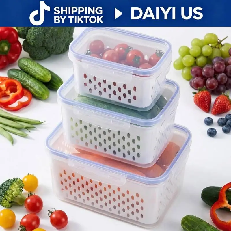 4 in 1 Produce Saver Containers, Airtight Food Storage Container with Drain Basket, Stackable Refrigerator Organizer for Vegetable Fruit Meal Prep Kitchen Storage,dorm essentials,home decor