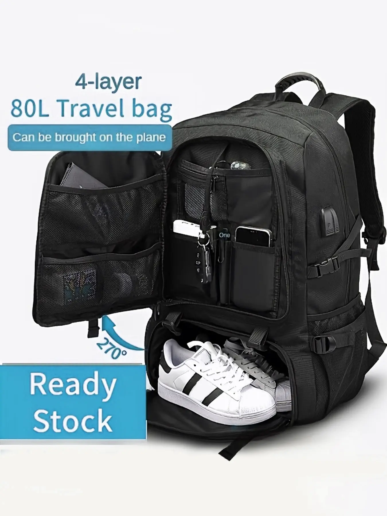 Expandable Travel Backpack, Shoe Compartment & Laptop Sleeve, Large Capacity Men's Sports Outdoor Bag, Waterproof Nylon, USB Charging Port