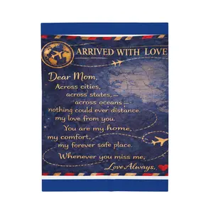Arrived With Love Travel Poem Velveteen Plush Blanket for Mom - Cozy Keepsake with Aged-Map Design & Airplane Motifs - Soft Polyester Blend - Medium-Heavy Weight - Durable Stitching - Quick-Drying