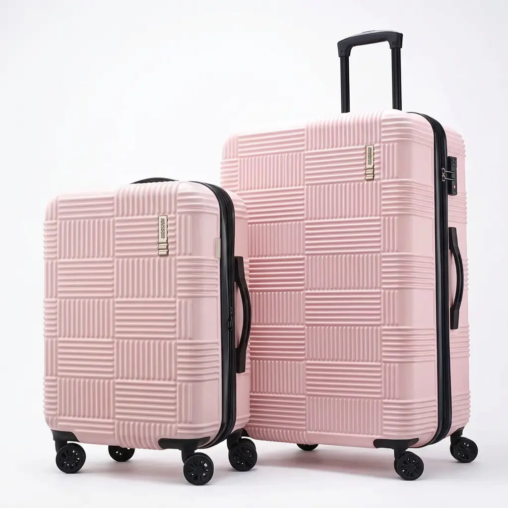 American Tourister Pink Geometric Checkered 2-Piece ABS Luggage Set - 20in Carry On, 28in Travel Luggage Bags, 4-Wheel Design, Secure Locking Mechanism, Mesh Pocket