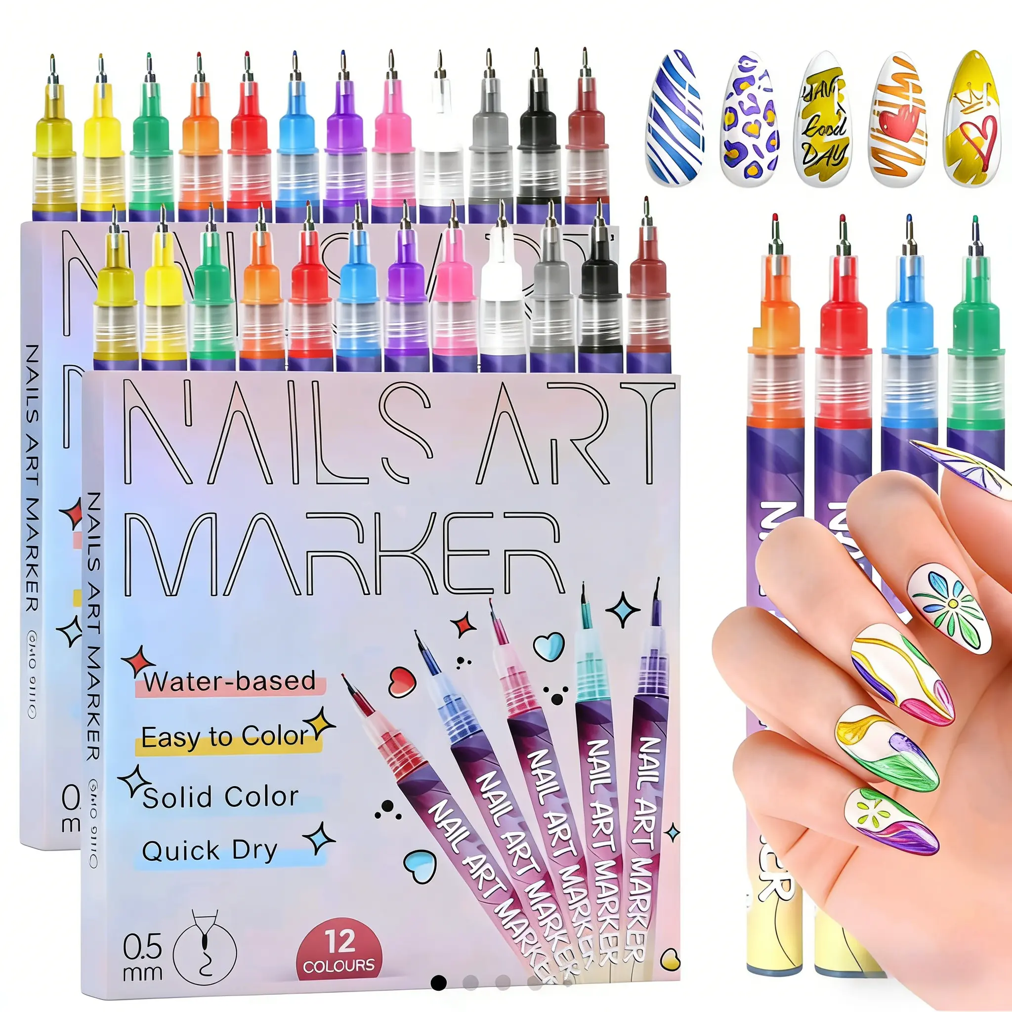 12-Color Nail Art Pen Set - Quick-Drying Acrylic Markers for DIY Nail Doodles & Polish, Manicure Kit for Youth
