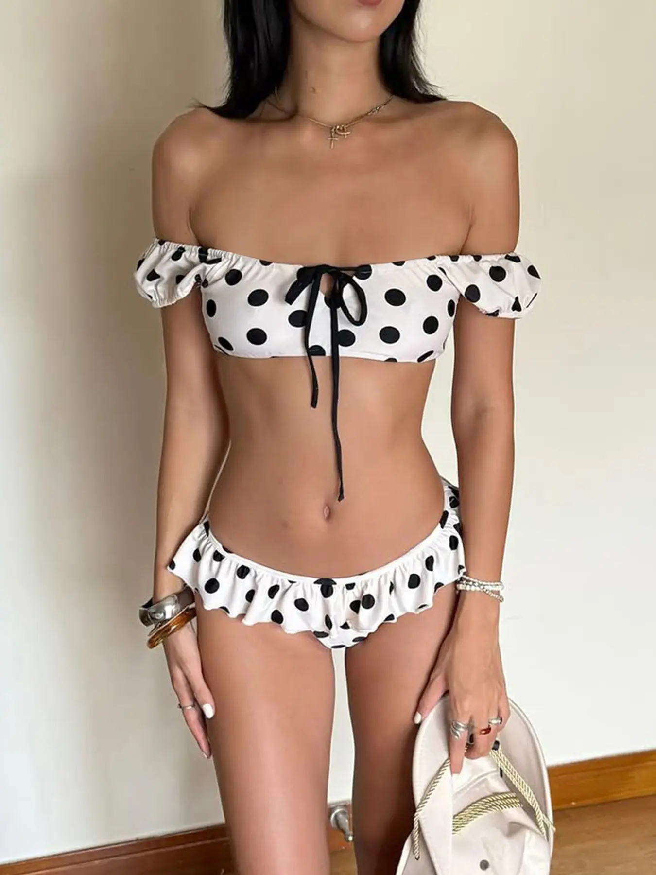 Elegant Polka Dot Off Shoulder Bikini Set, Polka Dot Swimwear, One Shoulder Cut Out Crop Top & Ruffle Triangle Shorts, Perfect for Beach Vacation Party Wear