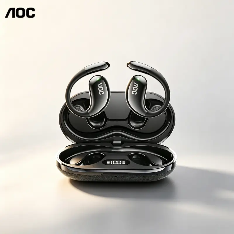[Clearance] Genuine AOC ACD2514 Bluetooth 5.4 Earbuds — Features Active Noise Cancellation (ANC), LED display, HD calling, and sweat/water resistance; includes a USB-C charging case with a real-time battery level display.