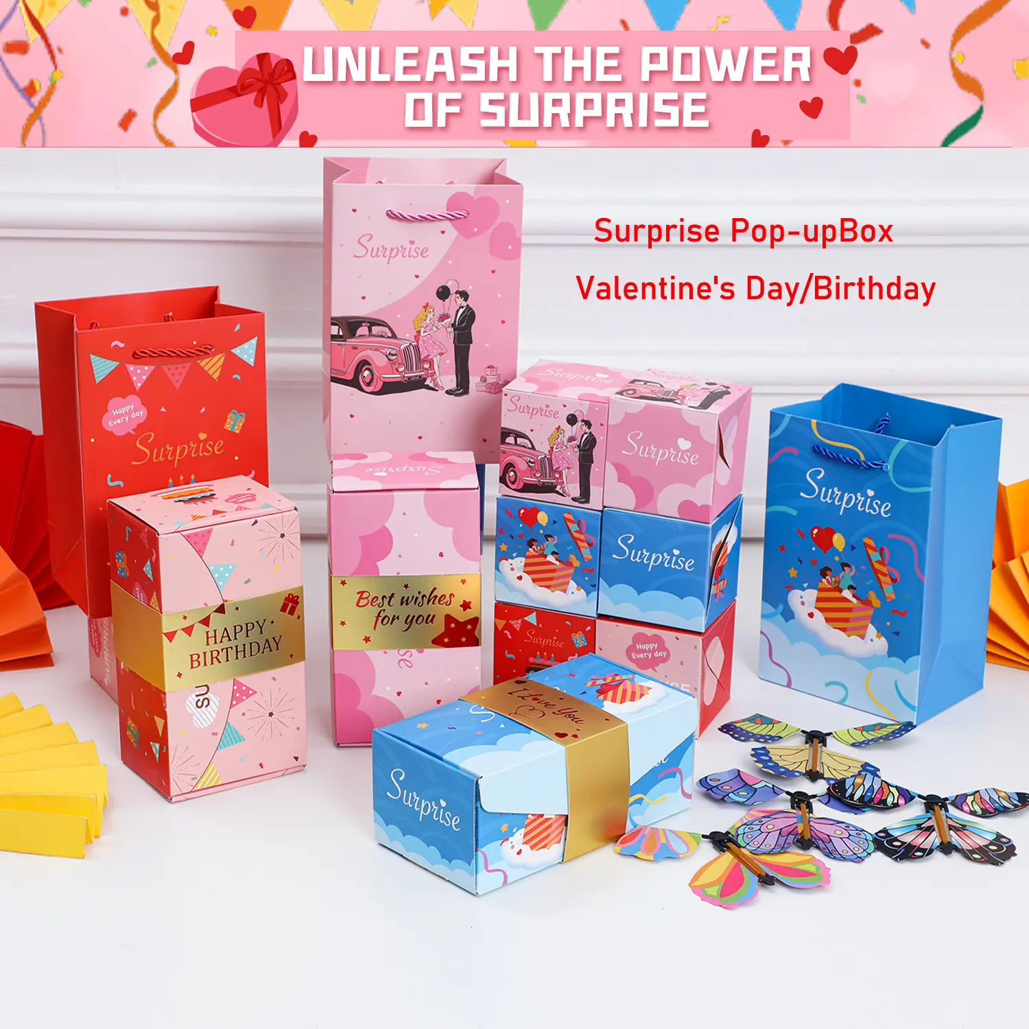 Birthday 20 Bounces Surprise Gift Box with Flying Butterfly Toys Explosion Unique Folding Bouncing Red Envelope Cash Box for Birthday Gift Graduation Anniversary Christmas and Proposal