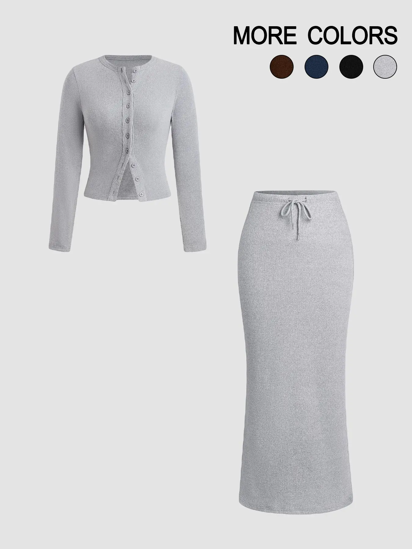 Women's Slim-Fit Long Sleeve Knitted Button T-Shirt Set, Elegant A-Line Skirt, Spring & Fall Fashion, Basic Style, Moderate Fabric Outfit