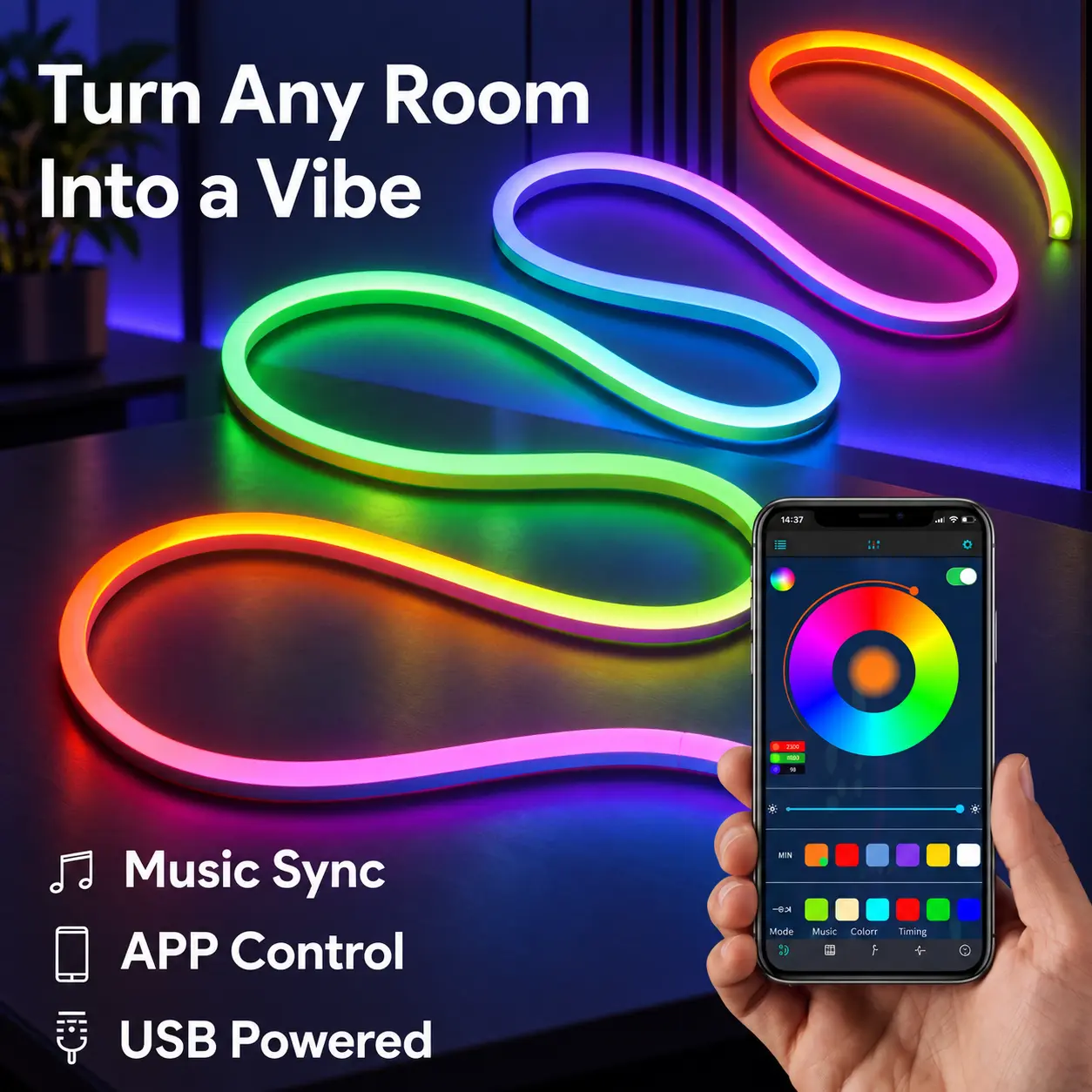 RGBIC Smart Neon LED Light Strip - Bluetooth APP & Remote Controlled, Music Sync, USB Powered, Vibrant Indoor LED Lights Bedroom with Home Decor & Unique Room Decor Uses