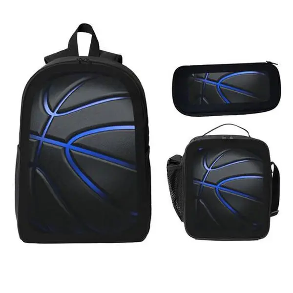 Boys' Blue Basketball-Themed 3-Piece Backpack Set, Functional Backpacks for School Back-to-School Use, School Backpacks
