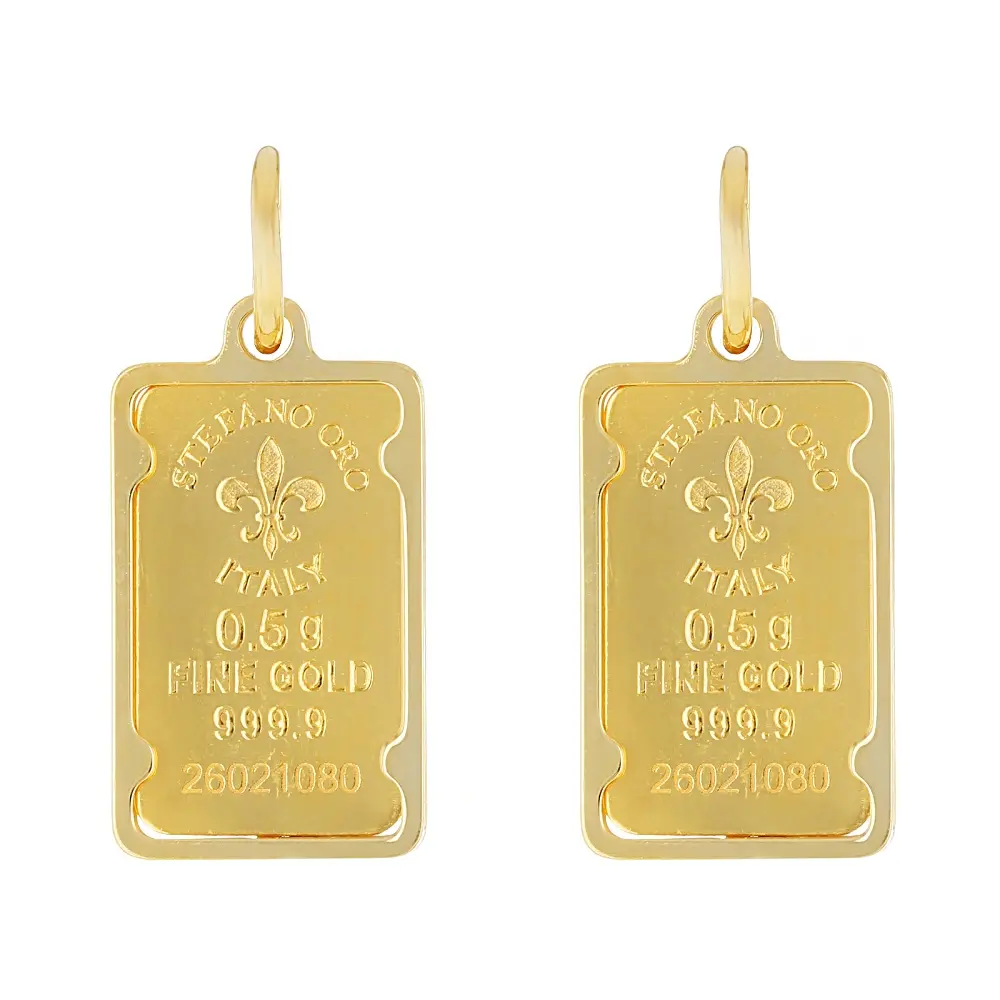 JTV 24k Yellow Gold Classic .5g Ingot with 14k Yellow Gold Frame Pendant Set Of 2