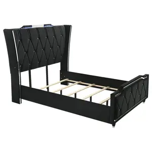 Lorient Queen LED Upholstered Wingback Bed Black