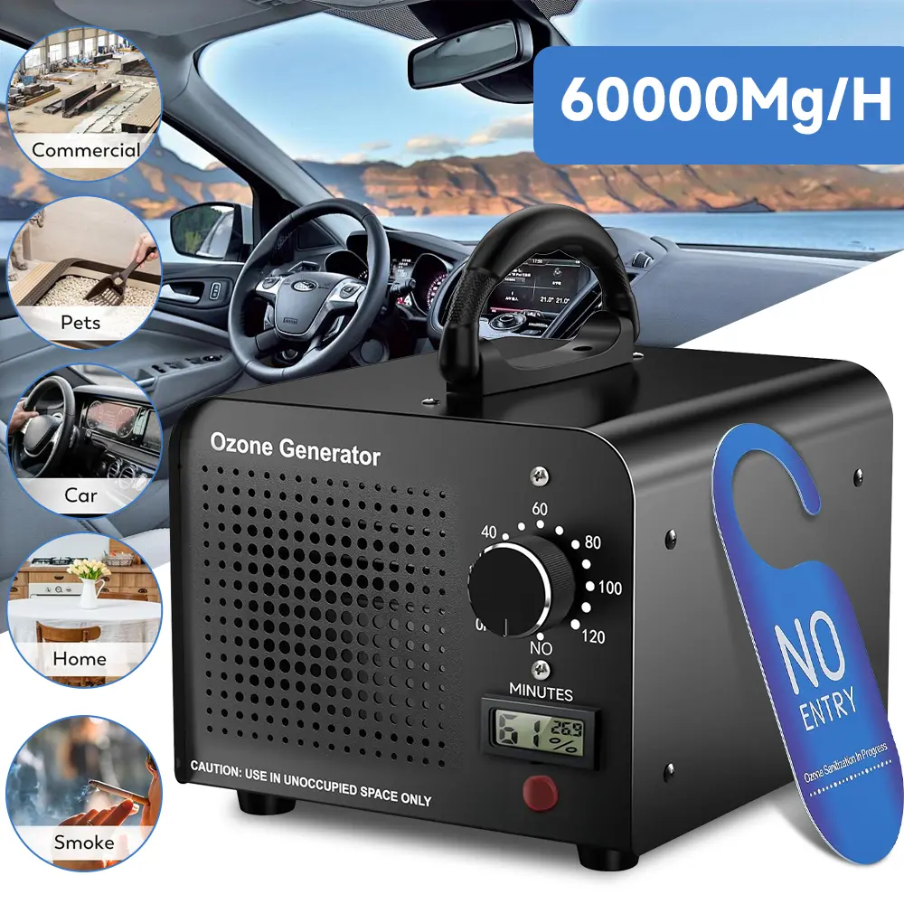 Ozone Generator 60,000mg/h,Commercial/Home Ozone Odor Eliminator, Portable High-capacity O3 Ion Deodorizer, Suitable for 4500 Square Feet of Cars, Pets, Kitchens, Smoke-filled Spaces(Black)