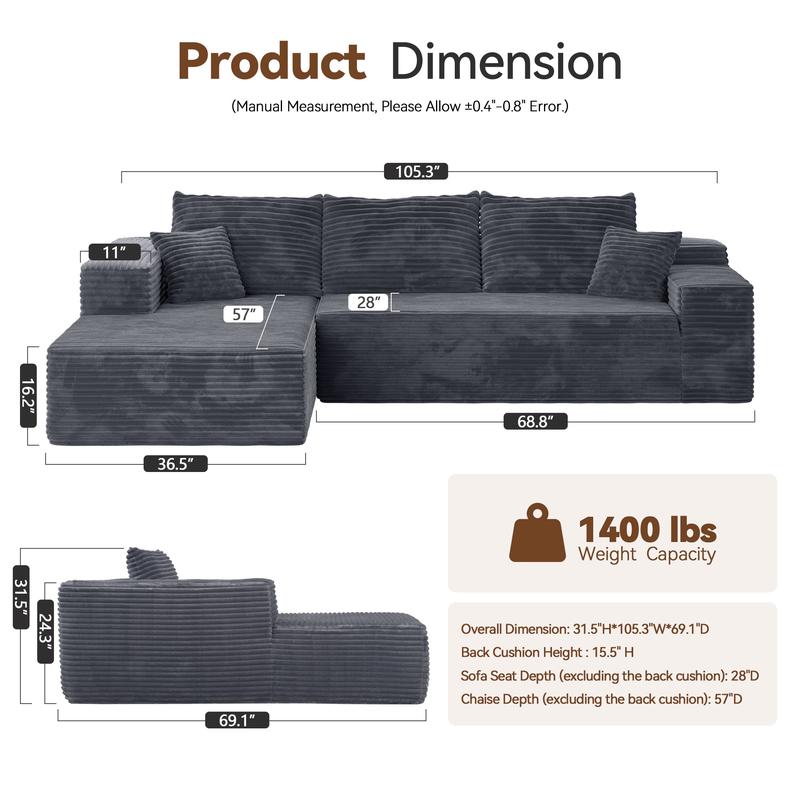 【3 Packages Shipping】Ovios 104" Modular Couch with Chaise and 59" W Oversized Round Sofa Bed - L-Shaped Sectional Sofa Set with Flexible Configuration, Plush Corduroy Cloud Velvet Fabric,No Assembly Required, 5 Seater