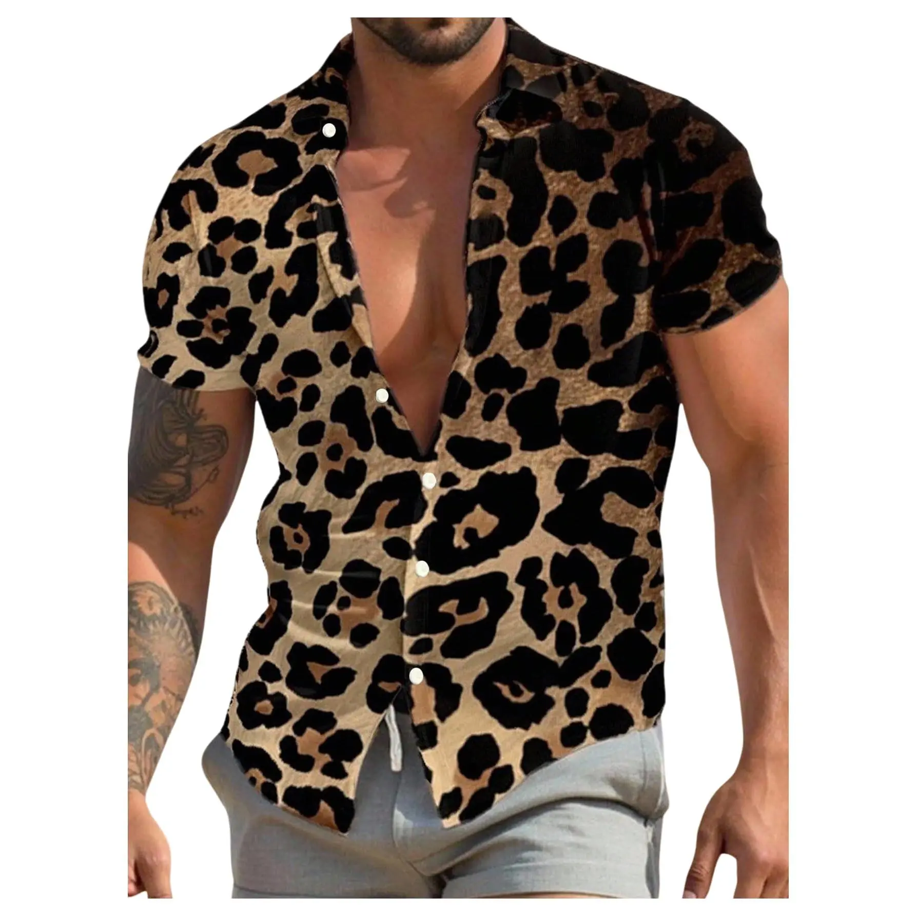 Men's Casual Shirt, Leopard Short-Sleeve Collared Button-Front Style for Vacations, Sizes from XS, Refer to Size Guide, Print,back to school,back to school shopping, Leopard Print