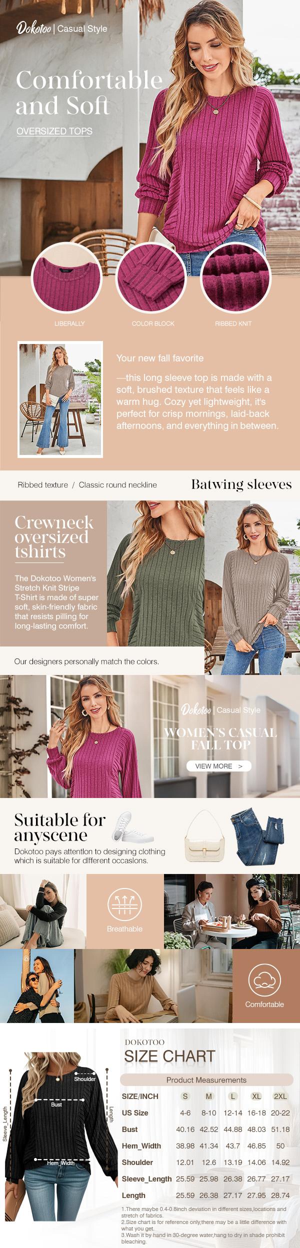 Dokotoo Womens Soft Long Sleeve Crewneck Shirts Fall Casual Loose Fit Knit Tops Blouses