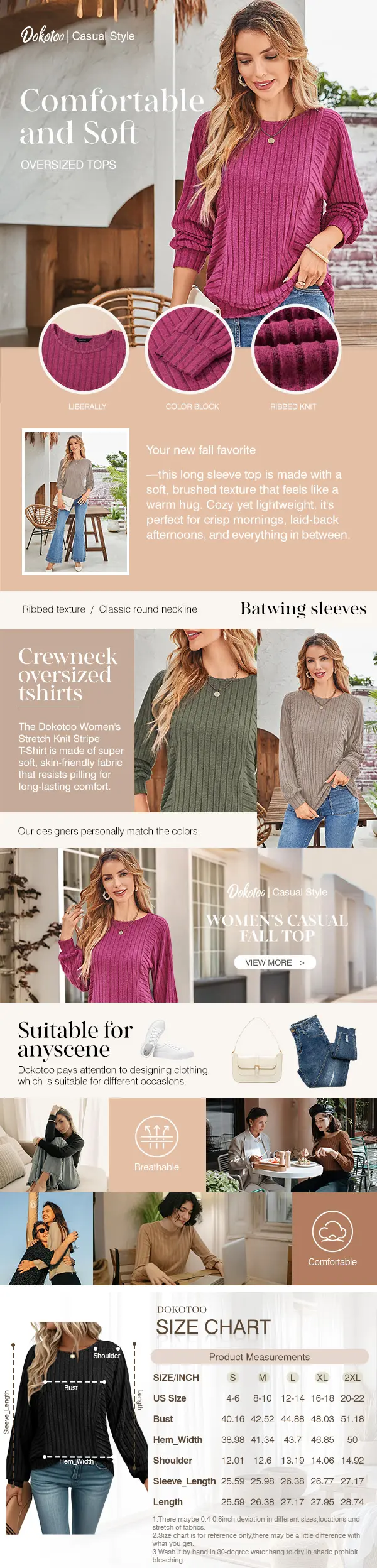 Dokotoo Womens Soft Long Sleeve Crewneck Shirts Fall Casual Loose Fit Knit Tops Blouses