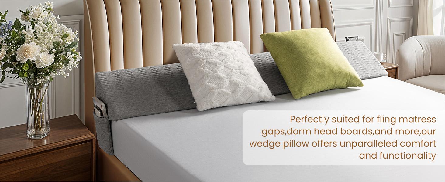 Shilucheng Queen Size Triangle Wedge Pillow (60x6x10) - Bed Gap Filler for Headboard, Ergonomic Foam Support Cushion for Reading & Sleeping, with Side Pocket