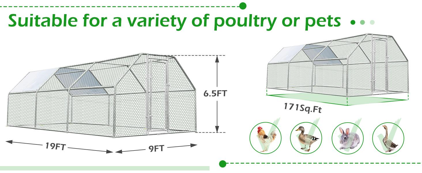 AECOJOY Large Metal Chicken Coop Walk-in Poultry Cage 6.5ft H with Waterproof PE Roof for Chickens Rabbits Cats Outdoor Backyard Farm Garden