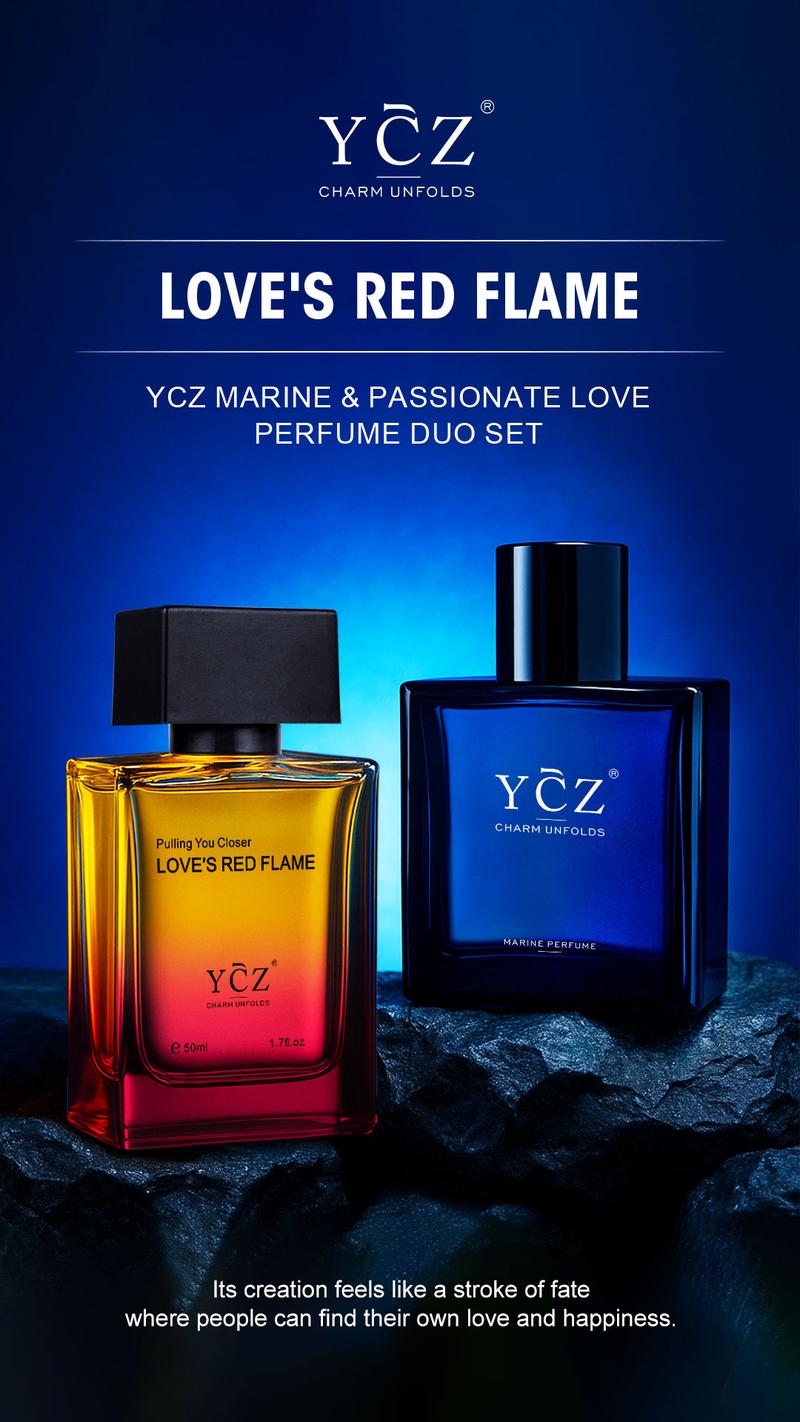 YCZ Men's Cologne 2-Piece Set - Love's Red Flame Woody Spicy Fruity & Midnight Marine Perfume - 50ml Each - Ideal for Daily & Outdoor Use - Fragrance Gift Bundle Charm Unfolds