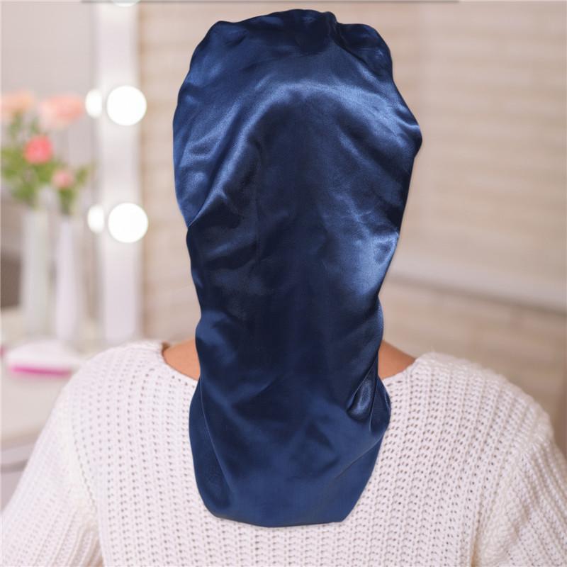 Solid Color Double-Layer Long Satin Bonnet Sleep Cap Adjustable Care Night Sleeping Cap for Women Braids Curly Hair Wrap with Tie Band for Daily Use
