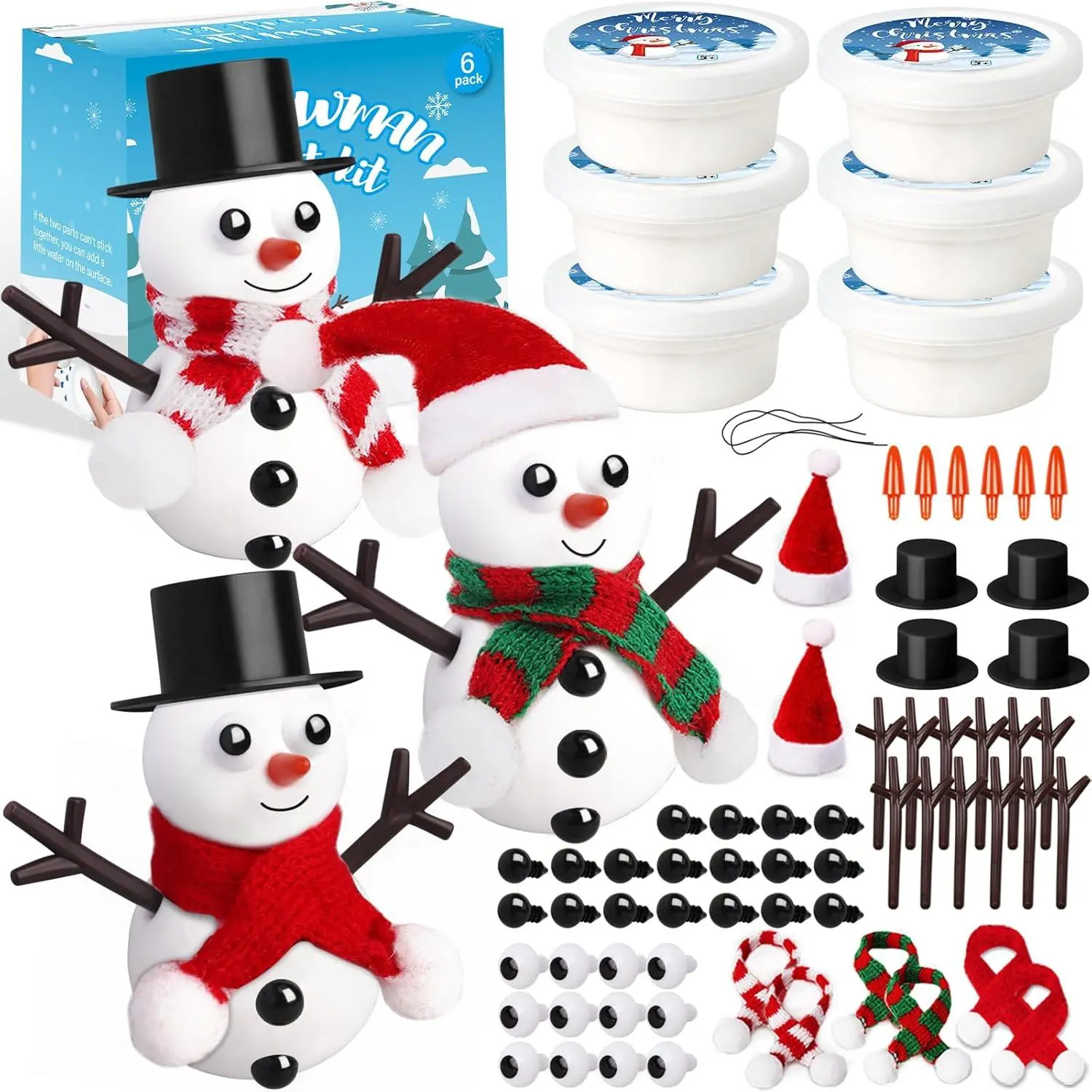 Kids' 6-Pack Build-a-Snowman Modeling Clay Craft Kit with Eyes, Scarfs, Buttons - Stocking Stuffers Gifts for Kids, Christmas Decor Activities