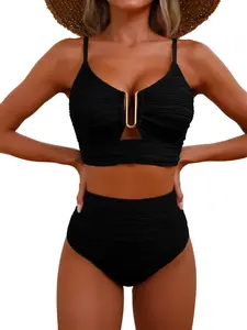 Black Metal V-Wire High Waist Bikini Set for Women, Vertical Textured Fabric Two Piece Swimsuits with Tummy Control, Stylish Cheeky Coverage Bathing Suits Perfect for Summer Beach Vacation, Pool Party and Tropical Getaway
