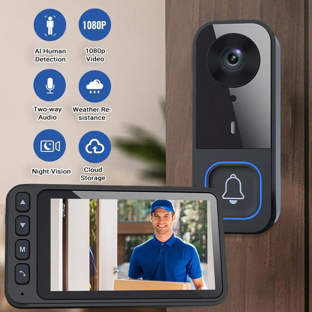 【BackToSchool】1080P Wireless Video Doorbell with Indoor Monitor, Home Security Camera Doorbell, AI Human Detection, Two-Way Audio, Night Vision, Built-in Battery, Cable-Free Installation Visual Doorbell