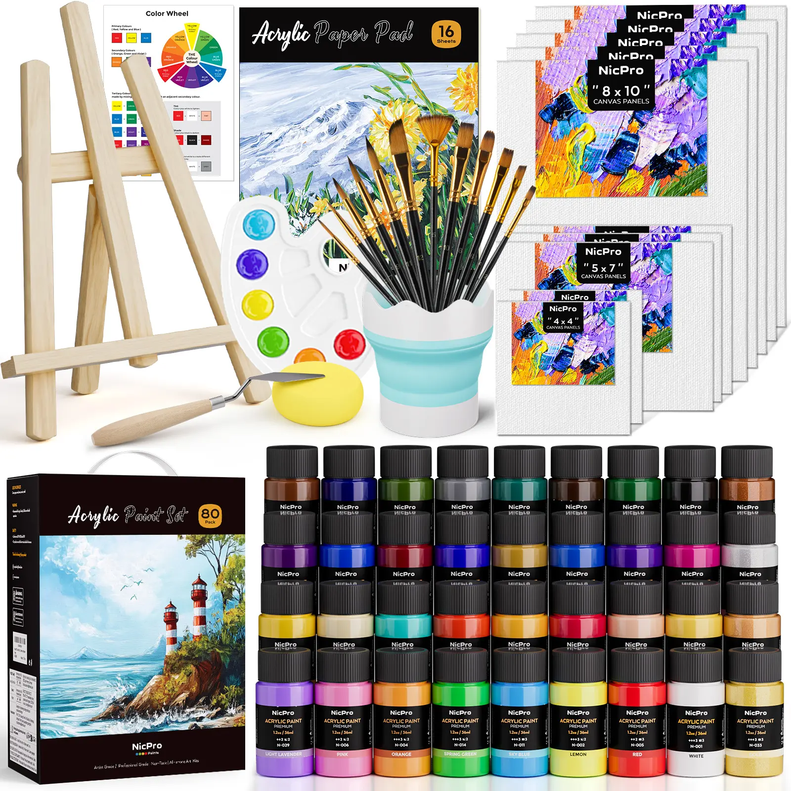Nicpro Acrylic Paint Kits - 80-Pack Art School Supplies Coloring Materials Set for Beginners, 36x36ML Paints, Wood Table Easel, 10 Canvas Panels, 12 Brushes, Paper Pad, Cleaning Cup, Palette,back to school,back to school shopping