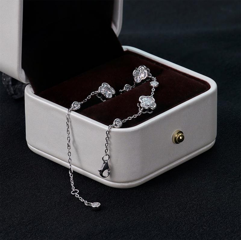 Delzzad 3.5ct Four Leaf Clover Cluster Adjustable Bracelet Synthetic Moissanite Bracelet S925 Sterling Silver Bracelet Jewelry Engagement Wedding Anniversary Perfect Christmas Gifts