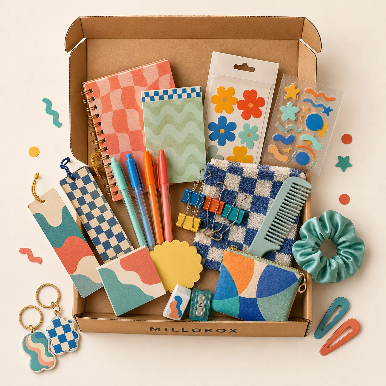 Millobox 15–20 Piece Colorful Mixed Gift Box with Stationery and Everyday Accessories, Curated Birthday, Holiday and Care Package Gift for Women and Young Adults