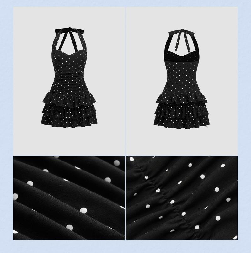 Cider Women's Black Polka Dot Ruched Layered Mini Dress - Sleeveless Cute Summer Fashion
