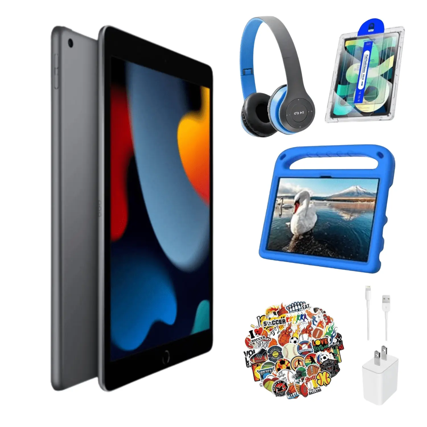 Refurbished Apple iPad 9 (9th Gen) Boys Bundle - 64GB - Wi-Fi - 10.2" - Space Gray - (2021) - Includes Bluetooth Headphones, Case, Screen Protector, Charging Cable & Stickers | (Eco-Friendly Condition)