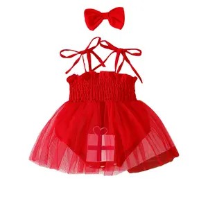 Baby Girls Birthday Romper Summer Casual Cake/Present Box Embroidery Sleeveless Jumpsuit and Headband Set