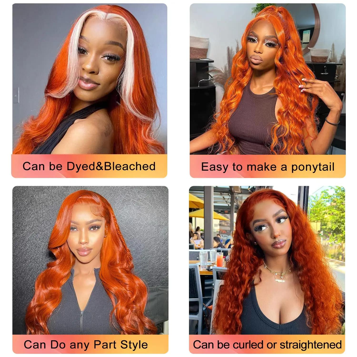 Bling Hair Bone Straight Ginger Orange 13x6 Lace Front Human Hair Wigs 33# Colored Preplucked Wig Transparent 13x4 Straight Lace Frontal Wigs For Women 180Density