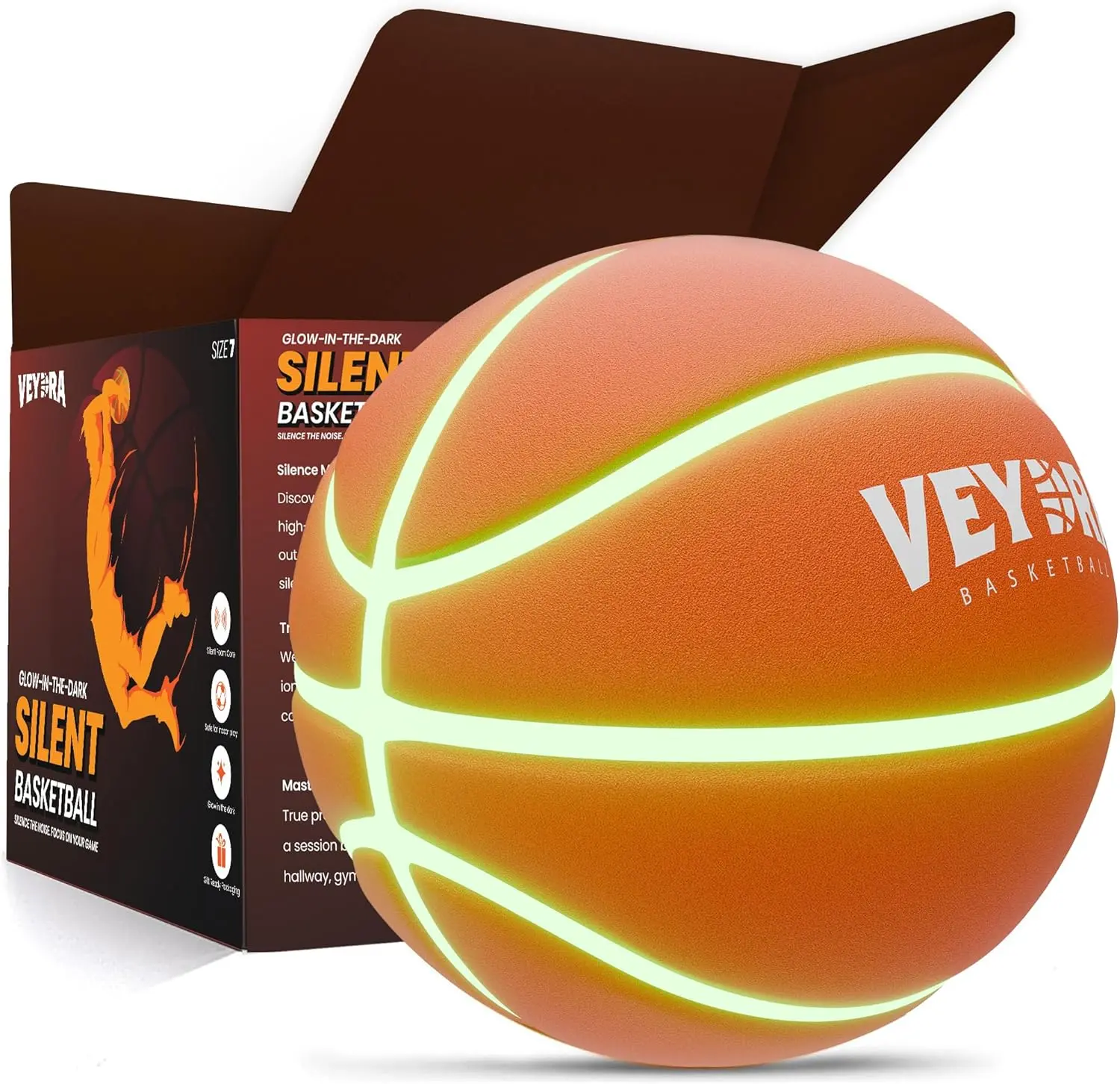 Silent Basketball Size 7 (29.5") – Glow-in-the-Dark Indoor Quiet Basketball for Kids & Adults – Soft Foam Noiseless Basketball for Quiet Dribbling – Soundless Soft Silent Ball