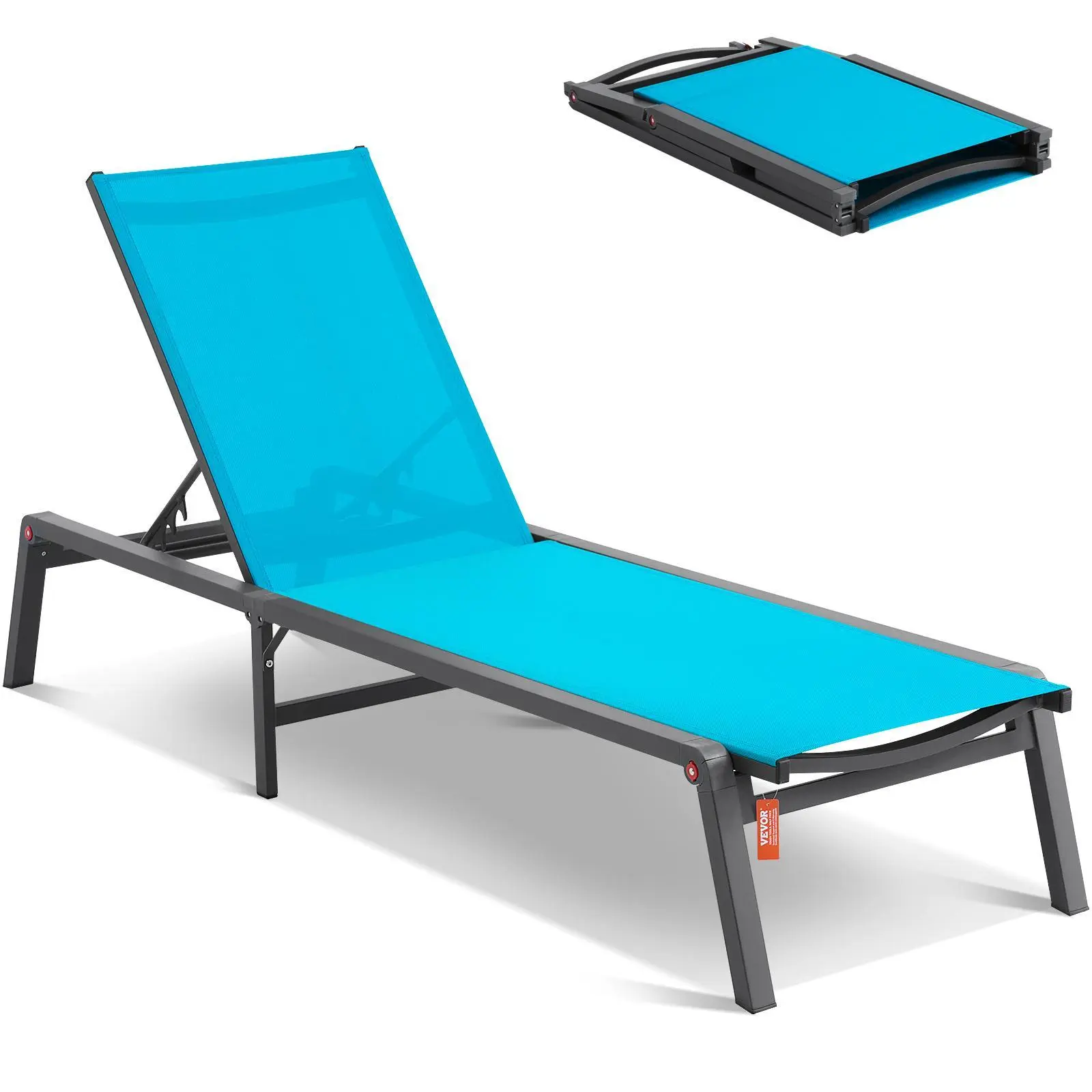 VEVOR Chaise Lounge Chair Outdoor,  , Aluminum Patio Lounge Chair with Adjustable 5-Position, Folding Pool Lounge Chair Recliner and Full Flat Tanning Chair for Patio, Beach, Pool, Blue#BackToSchool