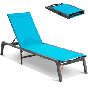 【FathersDayGift】VEVOR Chaise Lounge Chair Outdoor,  , Aluminum Patio Lounge Chair with Adjustable 5-Position, Folding Pool Lounge Chair Recliner and Full Flat Tanning Chair for Patio, Beach, Pool, Blue