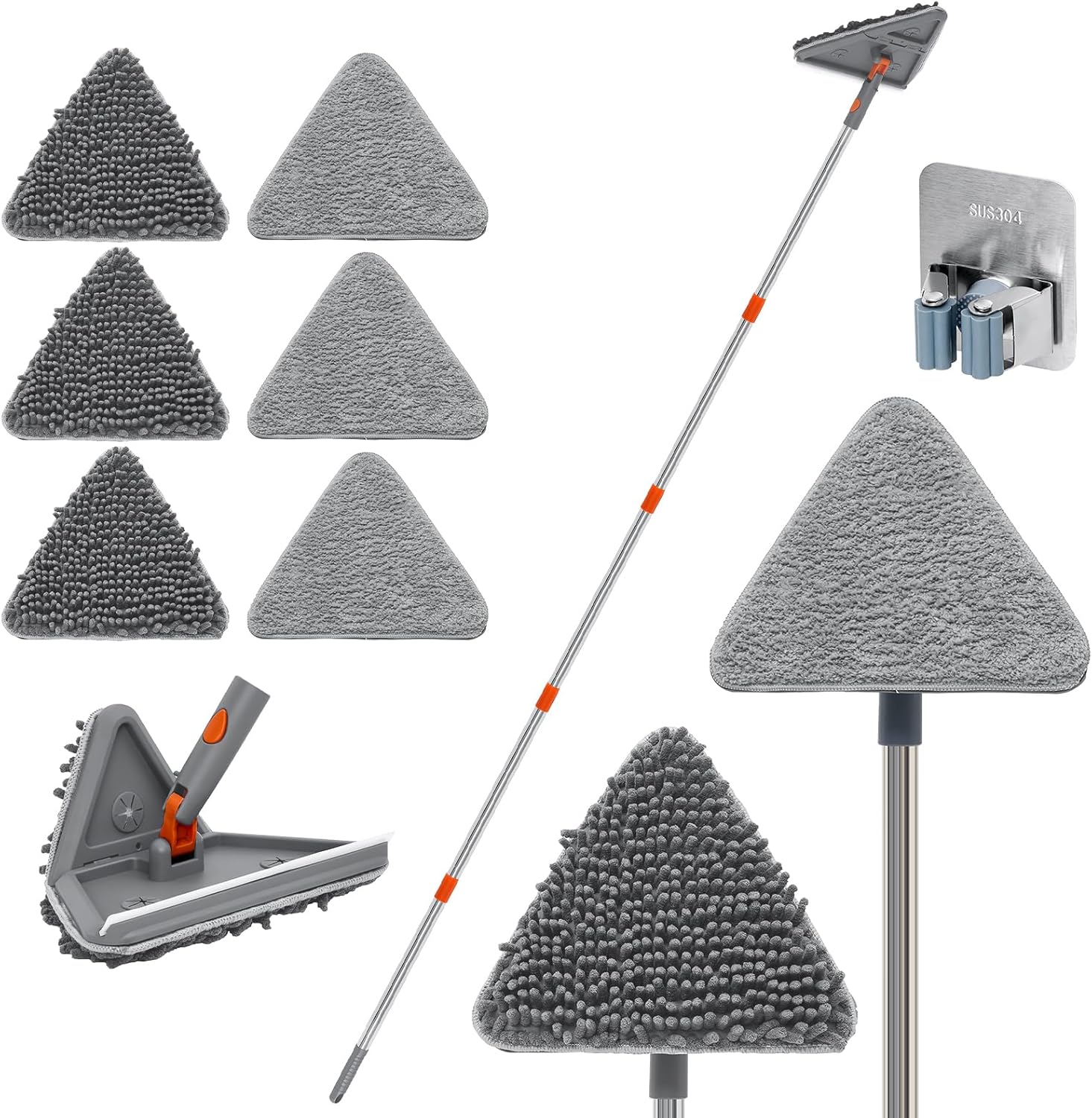 Wall Cleaner Mop with Long Handle 82 Inches, 3-in-1 Ceiling Duster with 6 Microfiber Chenille Pads, Baseboard Cleaner Tool with Squeegee, Mop for Wall Cleaning, Windows, Baseboards, Ceilings